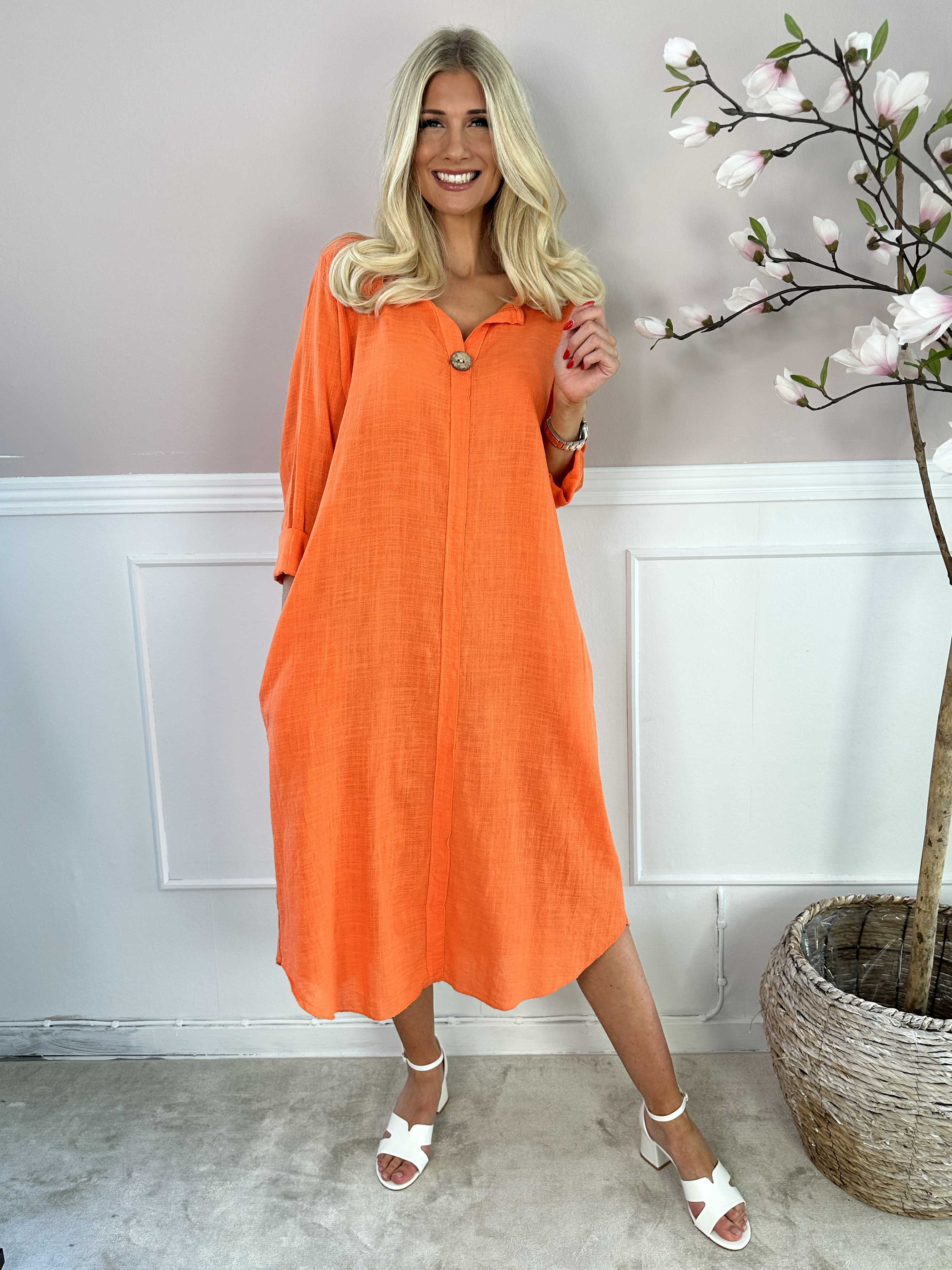 Arizona - Lang bomuldskjole i hørlignende stof